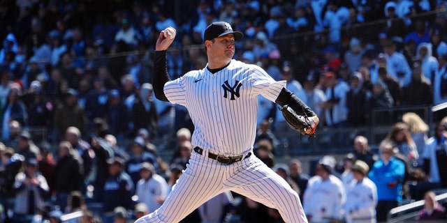 Gerrit Cole #45 pitches in the first inning during the game between the San Francisco Giants and the New York Yankees at Yankee Stadium on Thursday, March 30, 2023 in New York, New York.