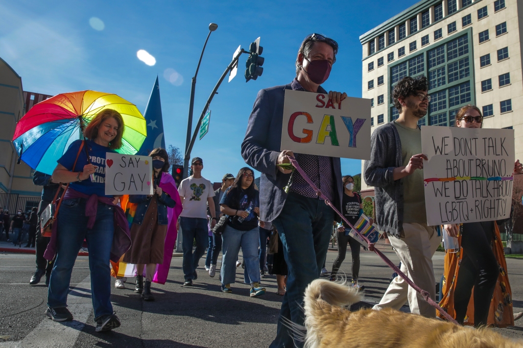 Multiple LGBTQ employees and their supporters walkout of Disney Animation protesting CEO Bob Chapek's handling of the staff controversy over Florida's "Don't Say Gay" bill.