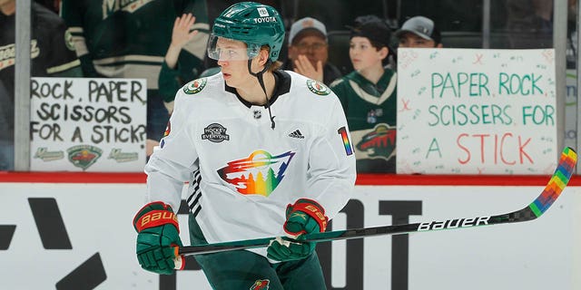 Matt Boldy, #12 of the Minnesota Wild, warms up wearing a Pride Night jersey prior to the game against the Philadelphia Flyers at the Xcel Energy Center on March 29, 2022 in Saint Paul, Minnesota. 