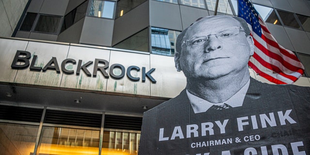 Protesters demonstrate outside the BlackRock headquarters in New York City during the company's annual shareholders meeting in 2022.