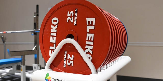 A stack of weights in the warm-up room at the Men's Middleweight Powerlifting event at The World Games 2022 on July 09, 2022 at Birmingham-Jefferson Convention Complex (BJCC) Concert Hall in Birmingham, AL. 