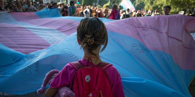 A girl holds the Transgender Pride flag in Madrid, Spain.