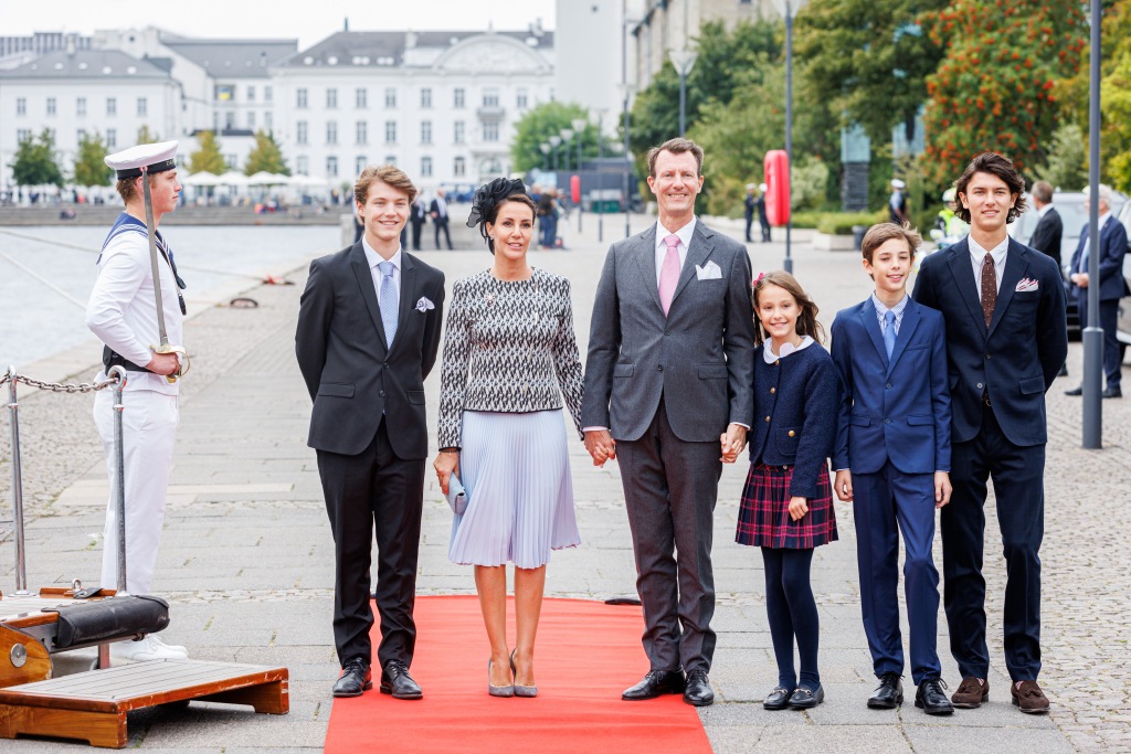From left to right — Prince Felix of Denmark, Princess Marie of Denmark, Prince Joachim of Denmark, Prince Henrik of Denmark and Prince Nikolai of Denmark arrive at the Royal Yacht Dannebrog for a lunch during the 50 years anniversary of Her Queen Margrethe II of Denmark accession. 