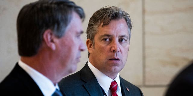 Rep.-elect Andy Ogles, R-Tenn., right, and Rep. Barry Moore, R-Ala., arrive for the House Republicans leadership elections in the Capitol Visitor Center on Tuesday, November 15, 2022.