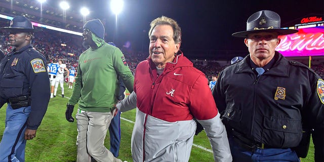 Alabama Crimson Tide coach Nick Saban walks off the field after a game against the Mississippi Rebels at Vaught-Hemingway Stadium Nov. 12, 2022, in Oxford, Miss. 