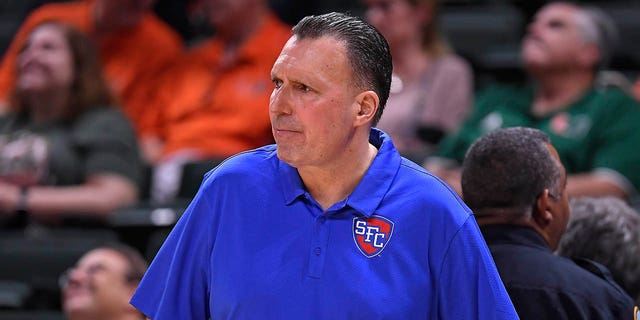 St. Francis head coach Glenn Braica reacts to a call during the Miami Hurricanes game on Nov. 23, 2022, in Coral Gables, Florida.