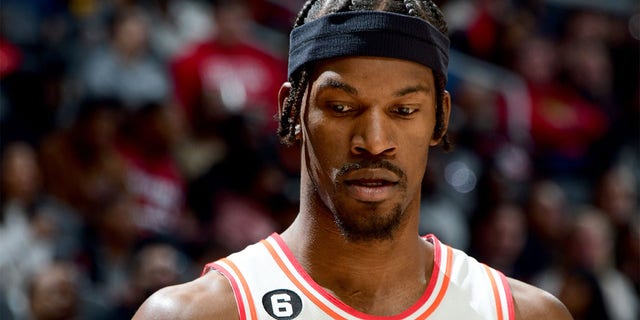 Jimmy Butler #22 of the Miami Heat looks on during the game against the Atlanta Hawks on January 16, 2023 at State Farm Arena in Atlanta, Georgia.