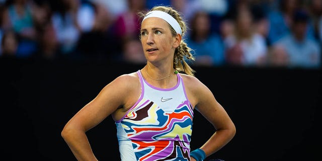 Victoria Azarenka of Belarus in a match against Elena Rybakina of Kazakhstan in her semi-final match on Day 11 of the 2023 Australian Open at Melbourne Park on January 26, 2023, in Melbourne, Australia.