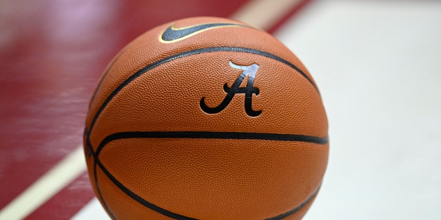 A general view of a basketball with the Alabama logo displayed versus LSU during game at Coleman Coliseum. Tuscaloosa, Alabama, Jan. 14, 2023.