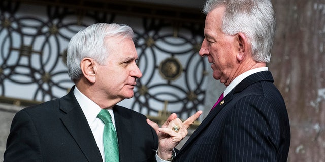 Chairman Jack Reed, D-R.I., left, and Sen. Tommy Tuberville, R-Ala., attend the Senate Armed Services Committee hearing on Global Security Challenges and Strategy, in Dirksen Building, February 15, 2023.