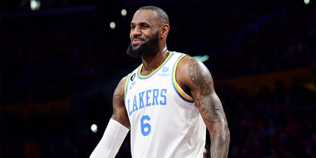 LeBron James of the Lakers smiles during the Golden State Warriors game on Feb. 23, 2023, at Crypto.Com Arena in Los Angeles.