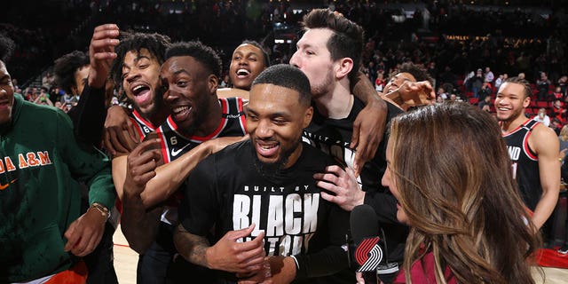 Damian Lillard #0 of the Portland Trail Blazers scores career-high 71 points during the game against the Houston Rockets on February 26, 2023 at the Moda Center Arena in Portland, Oregon. 