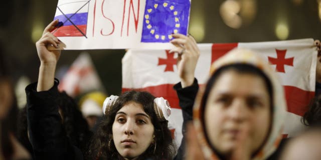 Protesters demonstrate against the bill on foreign influence transparency in Tbilisi, Georgia, on March 9, 2023.