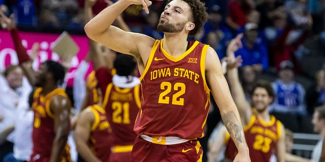 Iowa State guard Gabe Kalscheur (22) gestures after hitting a three point shot during the Big12 Tournament game between the Baylor Bears and the Iowa State Cyclones on March 9, 2023 at the T-Mobile Center in Kansas City, Mo.