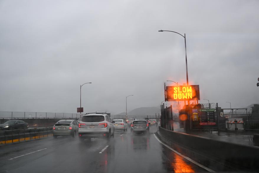 Cars commute on Golden Gate Bridge during heavy rain in San Francisco, Calif. on March 9, 2023 as atmospheric river storms hit the area.