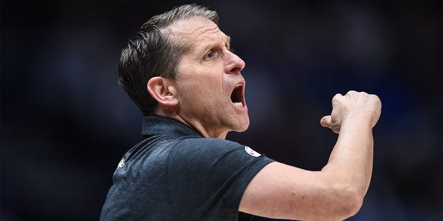 Arkansas Razorbacks head coach Eric Musselman coaches during an SEC Men's Basketball Tournament game between the Texas A&amp;M Aggies and the Arkansas Razorbacks on March 10, 2023, at Bridgestone Arena in Nashville, TN. 