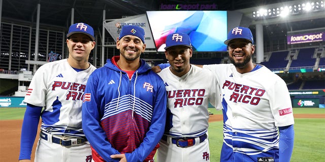 The Team Puerto Rico pitchers who combined for eight hitless innings in Miami on March 13, 2023, are, from left, Yacksel Ríos, José De León, Edwin Díaz and Duane Underwood Jr.