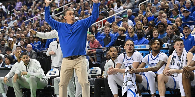 Head coach John Calipari of the Kentucky Wildcats reacts to an on-court action against the Providence Friars during the first round of the 2023 NCAA Men's Basketball Tournament held at Greensboro Coliseum on March 17, 2023 in Greensboro, North Carolina. 