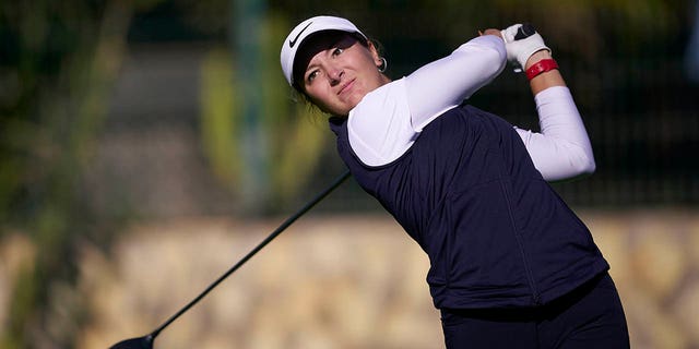 Carla Tejedo tees off during the Spanish Professional Women's Golf Championship on Dec. 3, 2020, in Oliva, Spain.