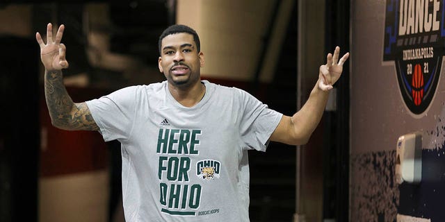 Rifen Miguel, #23 of the Ohio Bobcats, walks in for the game against the Virginia Cavaliers in the first round of the 2021 NCAA Men's Basketball Tournament at Assembly Hall on March 20, 2021 in Bloomington, Indiana. 