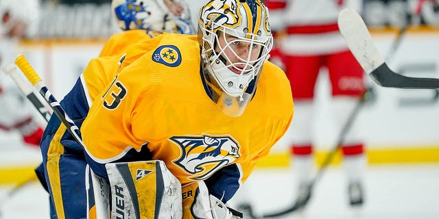 Kasimir Kaskisuo #73 of the Nashville Predators warms up prior to a game against the Carolina Hurricanes at Bridgestone Arena on May 10, 2021 in Nashville, Tennessee.