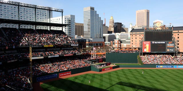 A general view of left field during Opening Day between the Baltimore Orioles and Milwaukee Brewers at Opening Day at Camden Yards in April 2022 in Baltimore.