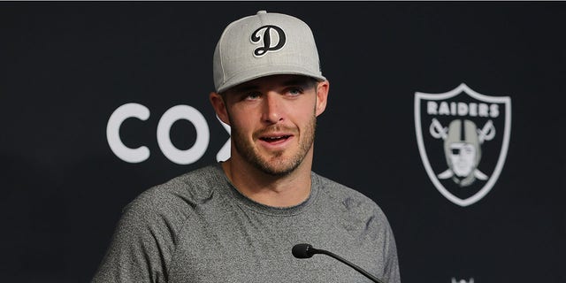 Quarterback Derek Carr of the Las Vegas Raiders speaks during a news conference after the first day of mandatory minicamp at the Las Vegas Raiders Headquarters/Intermountain Healthcare Performance Center on June 07, 2022 in Henderson, Nevada.