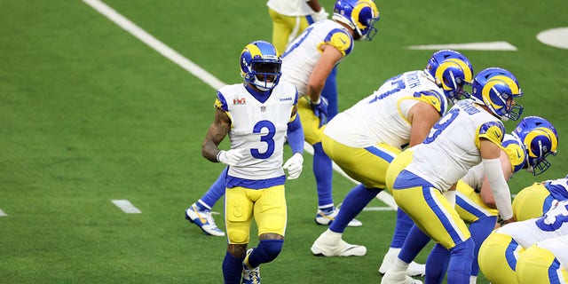 Odell Beckham Jr. (3) of the Los Angeles Rams runs against the Cincinnati Bengals during the Super Bowl at SoFi Stadium Feb. 13, 2022, in Inglewood, Calif.