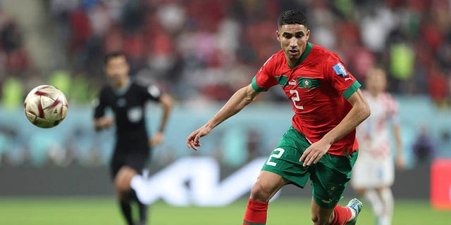 Achraf Hakimi, of Morocco, controls the ball   during the FIFA World Cup Qatar 2022 3rd Place match between Croatia and Morocco at Khalifa International Stadium on Dec. 17, 2022 in Doha, Qatar. 