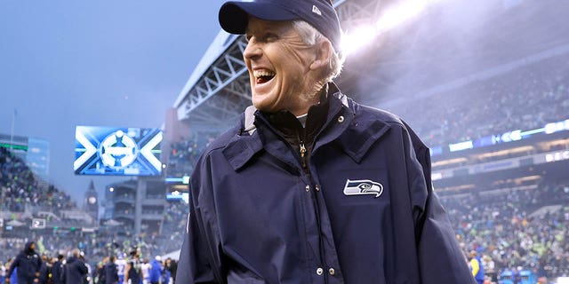 Head coach Pete Carroll of the Seattle Seahawks celebrates after defeating the Los Angeles Rams in overtime at Lumen Field Jan. 8, 2023, in Seattle. 