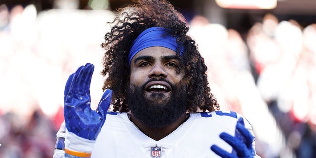 Ezekiel Elliott #21 of the Dallas Cowboys reacts during an NFL divisional round playoff football game between the San Francisco 49ers and the Dallas Cowboys at Levi's Stadium on January 22, 2023 in Santa Clara, California.