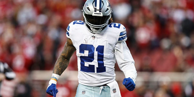 Ezekiel Elliott of the Dallas Cowboys during an NFL divisional round playoff game against the San Francisco 49ers at Levi's Stadium Jan. 22, 2023, in Santa Clara, Calif. 