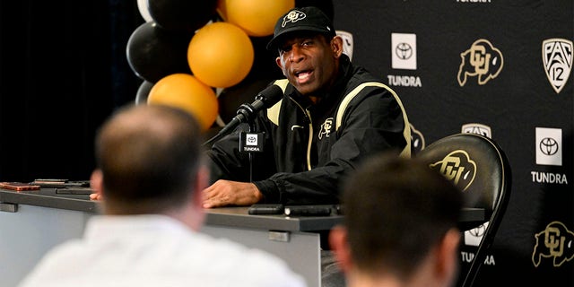 Colorado Buffaloes head football coach Deion Sanders speaks to the media about National Signing Day at the Dal Ward Athletic Center in Boulder on Feb. 1, 2023.