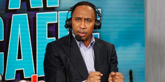 TV personality Stephen A. Smith speaks on radio row ahead of Super Bowl LVII at the Phoenix Convention Center Feb. 9, 2023, in Phoenix, Ariz. 