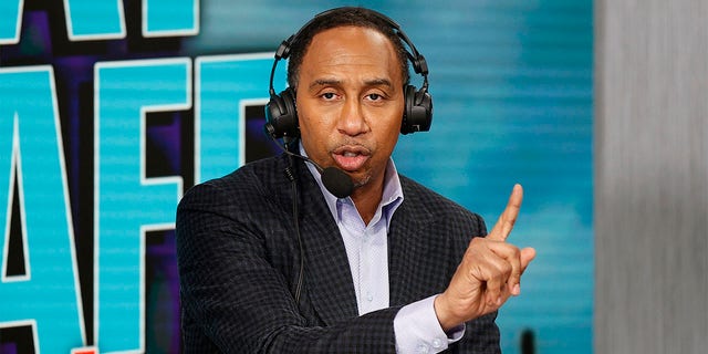 TV personality Stephen A. Smith speaks on radio row ahead of Super Bowl LVII at the Phoenix Convention Center Feb. 9, 2023, in Phoenix, Ariz.