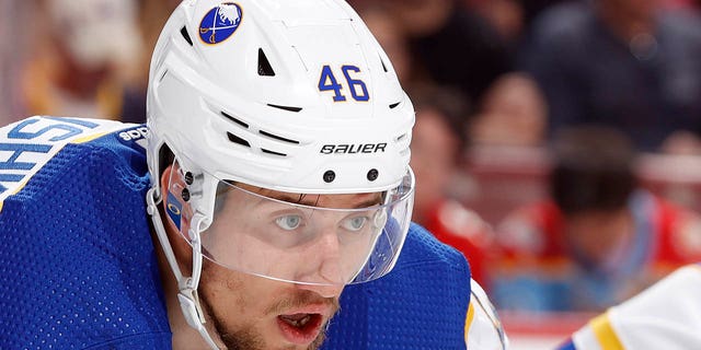 Ilya Lyubushkin of the Buffalo Sabres prepares for a face-off against the Panthers at the FLA Live Arena on Feb. 24, 2023, in Sunrise, Florida.