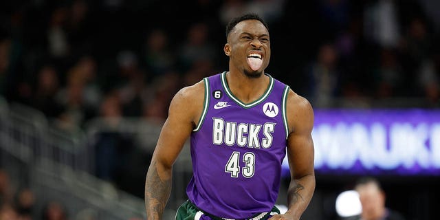 Thanasis Antetokounmpo, #43 of the Milwaukee Bucks, reacts after scoring during the second half of the game against the Miami Heat at Fiserv Forum on Feb. 24, 2023 in Milwaukee.