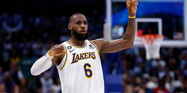 LeBron James, #6 of the Los Angeles Lakers, reacts against the Dallas Mavericks for a rebound in the first half at American Airlines Center on Feb. 26, 2023 in Dallas.