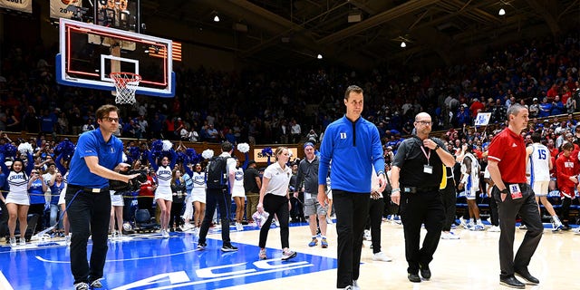 Duke Blue Devils head coach Jon Scheyer leaves the floor after a win against the North Carolina State Wolfpack at Cameron Indoor Stadium on Feb. 28, 2023 in Durham, North Carolina. Duke won 71-67. 