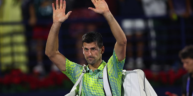 Novak Djokovic of Serbia reacts after defeat by Daniil Medvedev during day thirteen of the Dubai Duty Free Tennis at Dubai Duty Free Tennis Stadium on March 03, 2023, in Dubai, United Arab Emirates. 