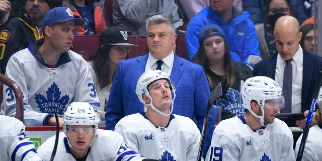 Toronto Maple Leafs head coach Sheldon Keefe during the first period of an NHL game against the Vancouver Canucks at Rogers Arena March 4, 2023, in Vancouver, British Columbia, Canada. 