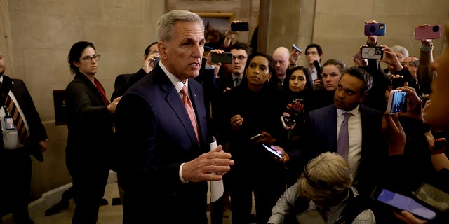 U.S. Speaker of the House Kevin McCarthy, R-Calif., outside his office in the U.S. Capitol Building on March 07, 2023, in Washington, DC.