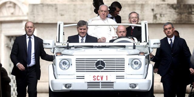  Pope Francis leads his general weekly audience in St. Peter's Square, on March 8, 2023, in Vatican City, Vatican.