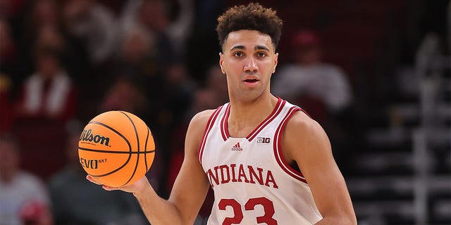 Trayce Jackson-Davis #23 of the Indiana Hoosiers dribbles against the Penn State Nittany Lions during the second half in the semifinals of the Big Ten Tournament at United Center on March 11, 2023 in Chicago, Illinois.