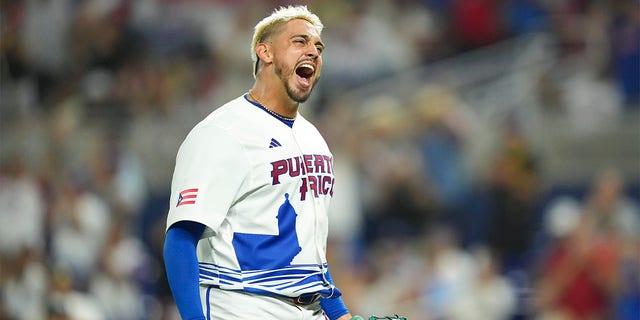 Jose De Leon of Puerto Rico celebrates after leaving the game in the sixth inning against Israel at loanDepot park on March 13, 2023, in Miami.