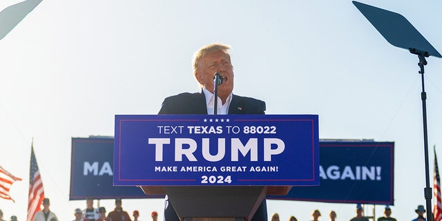 Former President Trump speaks during a rally at the Waco Regional Airport on March 25, 2023 in Waco, Texas.