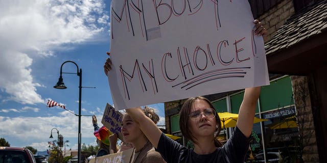 A group protests the Supreme Court's decision in the Dobbs v Jackson Women's Health case on July 2, 2022, in Driggs, Idaho.