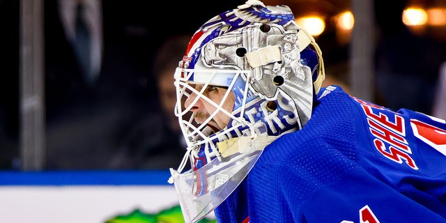 New York Rangers Goalie Igor Shesterkin (31) is pictured during the first period of the National Hockey League game between the Washington Capitals and the New York Rangers on March 14, 2023 at Madison Square Garden in New York, NY.