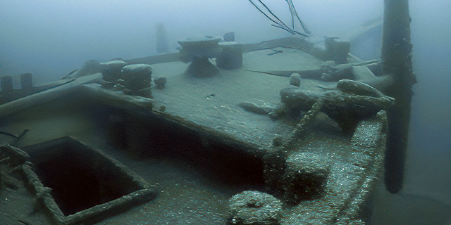 The bow of the Ironton is seen in Lake Huron in June 2021. The NOAA says it "intends to deploy a deep-water mooring buoy at the site of Ironton to mark the shipwreck's location and help divers visit the wreck site safely."