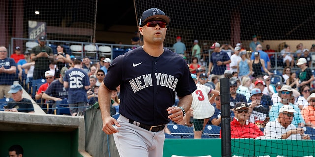 Isiah Kiner-Falefa of the New York Yankees is introduced before a spring training game against the Philadelphia Phillies at BayCare Ballpark Feb. 25, 2023, in Clearwater, Fla.